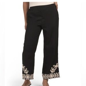 Maison d’Amélie Linen Blend Wide Leg Crop Pants Black Embroidered Hem Sz 8